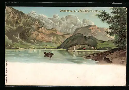 Lithographie Künzli Nr. 5020: Wallensee mit den 7 Churfürsten, Berg mit Gesicht / Berggesichter