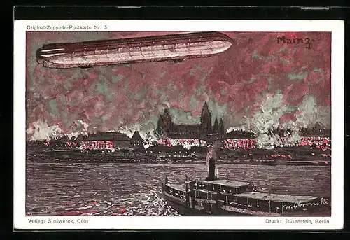Künstler-AK Mainz, Stadtpanorama mit Zeppelin, Reklame für Stollwerck`sche Schokoladen