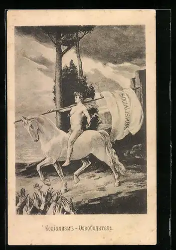 Künstler-AK Motiv von Vorwärts, Reiter mit Fahne des Sozialismus, Arbeiterbewegung