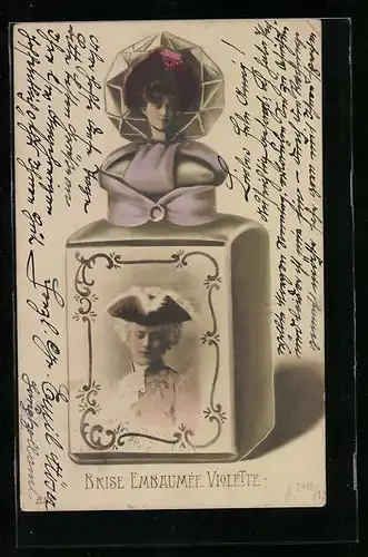 AK Brise Embaumée Violette, Parfüm-Flakon mit Bildern eines jungen Mannes und einer hübschen Frau