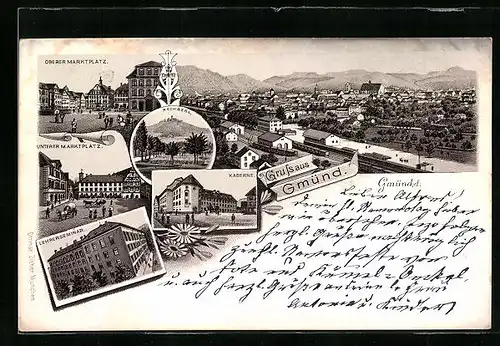 Lithographie Gmünd, Ortsansicht, Oberer und Unterer Marktplatz, Kaserne