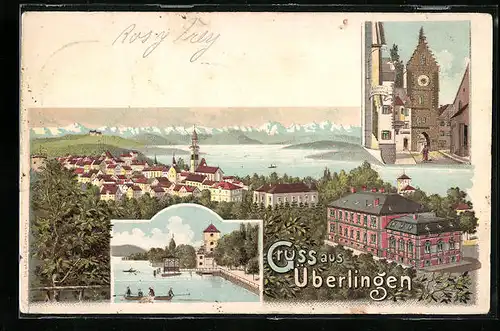Lithographie Ueberlingen, Ortsansicht, Strassenpartie mit Brauerei Waldschütz