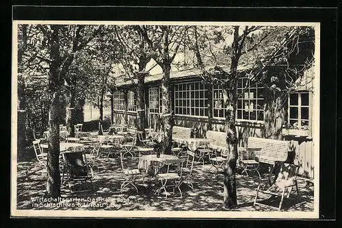 AK Schlachters bei Lindau i. B., Gasthof zur Post, Garten mit Tischen und Stühlen