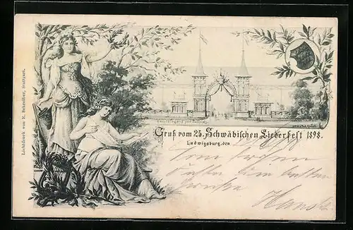 Künstler-AK Ludwigsburg, Schwäbisches Liederfest 1898, Haupteingang zum Festplatz, Sängerinnen