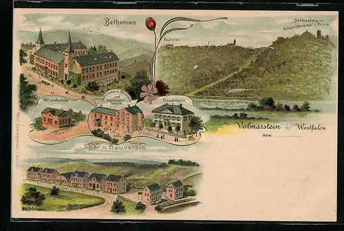 Lithographie Volmarstein i. Westfalen, Bethanien, Schlossberg mit Kriegerdenkmal