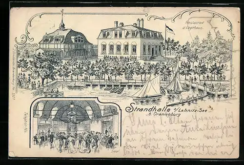 Lithographie Oranienburg, Strandhalle am Lehnitz-See, Restaurant und Logirhaus