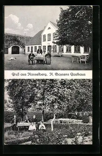 AK Hasselberg, H. Boysens Gasthaus mit Garten
