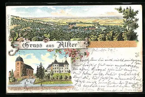Lithographie Alfter, Kirche und Burg, Panorama mit Blick ins Land
