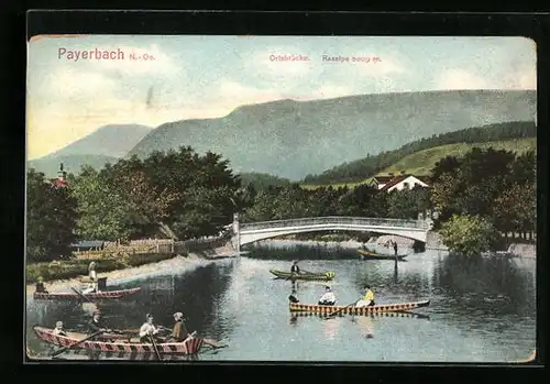 AK Payerbach, Ortsbrücke, Brücke mit Ruderbooten, Blick zur Raxalpe