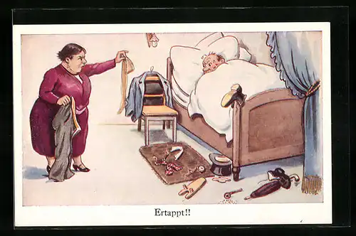 Künstler-AK Frau ertappt ihren Mann im Bett und präsentiert den Strumpf einer anderen Frau, frauenfeindlicher Humor
