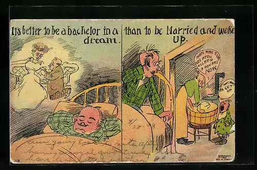 Künstler-AK Mann wäre lieber bei seiner Traumfrau als bei der Ehefrau, frauenfeindlicher Humor