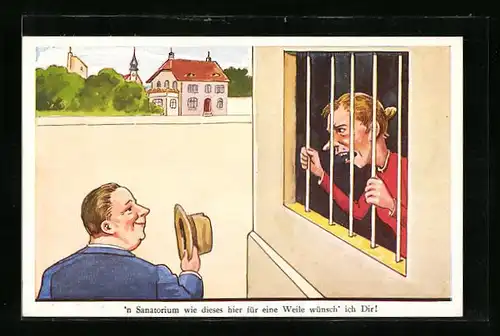 Künstler-AK Mann wünscht seiner Frau ein Sanatorium wie ein Gefängnis, frauenfeindlicher Humor