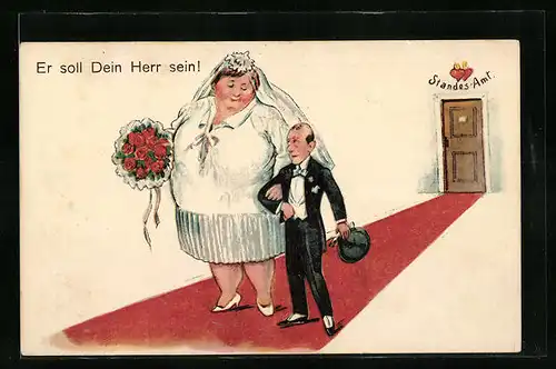 Künstler-AK Dicke Frau und zierlicher Mann kommen vom Standesamt, frauenfeindlicher Humor