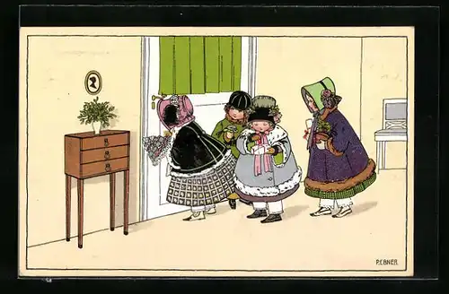 Künstler-AK Pauli Ebner: Kinder mit Geschenken schauen durchs Schlüsselloch