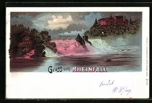 Lithographie Schaffhausen, der illuminierte Rheinfall