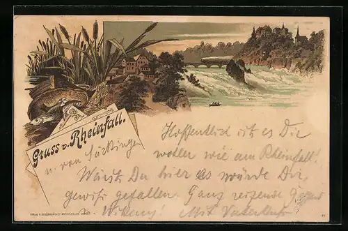 Lithographie Schaffhausen, der Rheinfall, Boot am Flussufer, Zug auf der Rheinbrücke