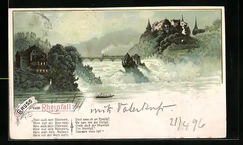 Lithographie Schaffhausen, der Rheinfall, Ausflugsschiff unter dem Fall