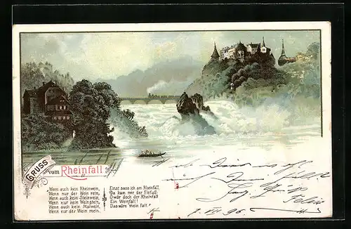 Lithographie Schaffhausen, der Rheinfall, Zug auf der Rheinbrücke und Ausflugsdampfer vor dem Wasserfall