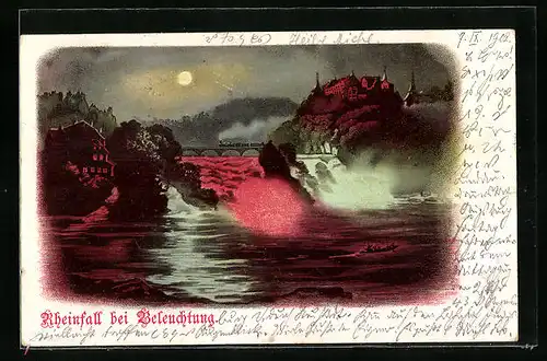 Lithographie Schaffhausen, der Rheinfall, Szene bei Mondschein mit Rheinbrücke und Zug