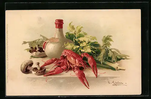 Künstler-AK Catharina Klein: Stillleben mit Wein, Pilzen und Hummer