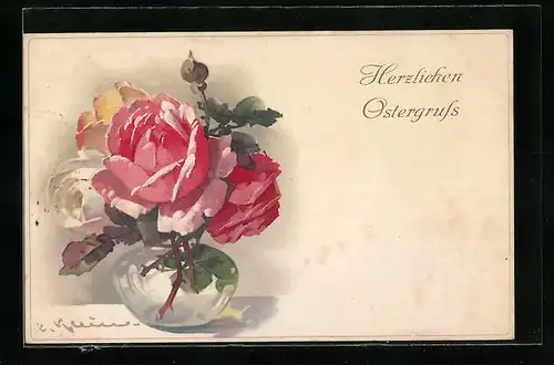Künstler-AK Catharina Klein: Ostergrüsse, Glasvase mit Rosen
