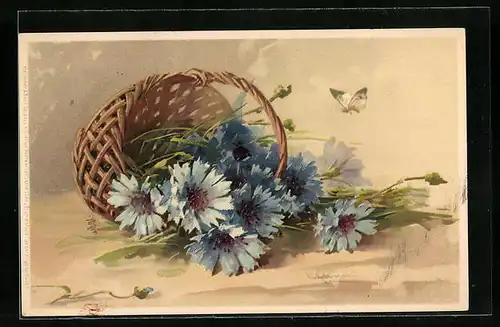 Künstler-AK Catharina Klein: Flechtkorb mit blauen Blumen und einem Schmetterling