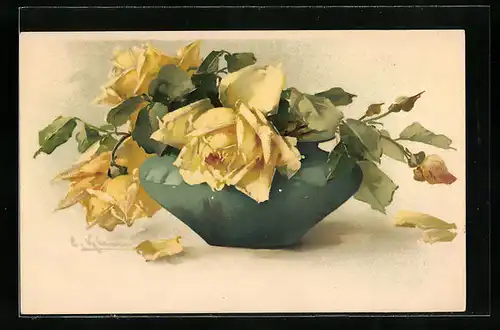 Künstler-AK Catharina Klein: Vase voller gelber Rosenblüten