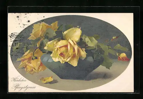 Künstler-AK Catharina Klein: Pfingstgrüsse, Vase mit gelben Rosen
