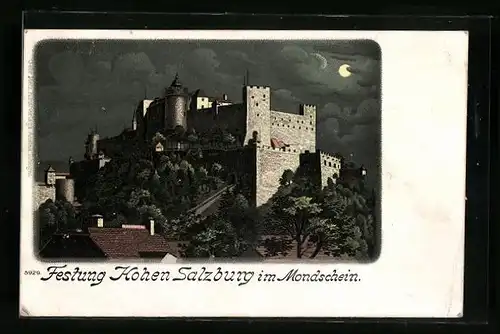 Lithographie Festung Hohen Salzburg, Aussenansicht im Mondschein