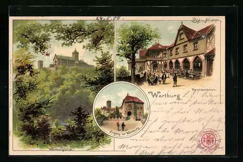 Lithographie Wartburg, Restauration, Burgeingang, Wartburgblick
