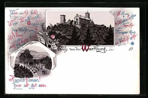 Lithographie Wartburg, Blick hinauf zur Burg, Passanten vor der Restauration