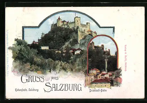 AK Salzburg, Blick hinauf zur Hohenfeste, die Drahtseilbahn