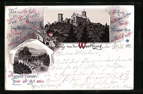 Lithographie Wartburg, Aussenansicht, Passanten wandern zur Restauration