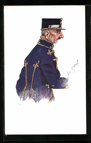 Künstler-AK Carl Josef Pollak: Soldat in blauer Uniform seitlich dargestellt
