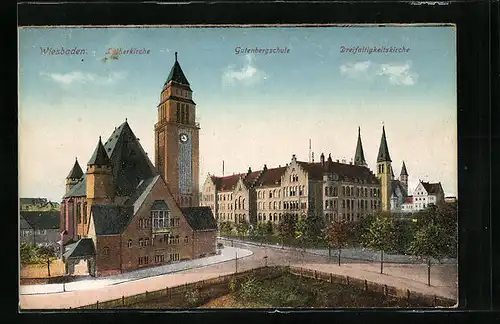 AK Wiesbaden, Lutherkirche, Gutenbergschule und Dreifaltigkeitskirche