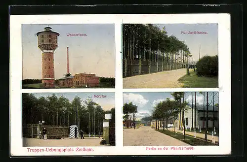 AK Zeithain, der Truppenübungsplatz, Funcke-Strasse, Wasserturm, Nordtor und Planitzstrasse