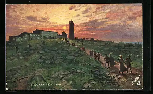 Künstler-AK Brocken, Wanderer auf dem Weg zum Brockenhotel