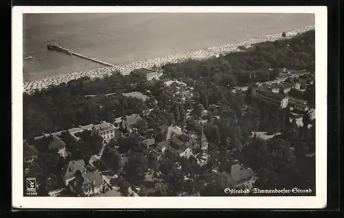 AK Timmendorfer Strand, Fliegeraufnahme der Landungsbrücke am Ostseestrand