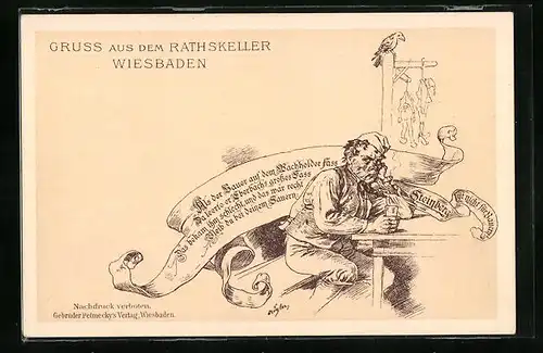 Künstler-AK Wiesbaden, im Rathskeller, Biertrinker am Tisch