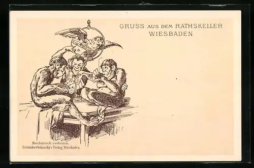 Künstler-AK Wiesbaden, im Rathskeller, Affen spielen Kartenspiele