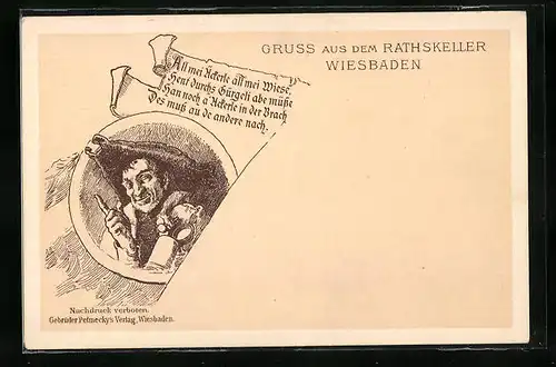 Künstler-AK Wiesbaden, im Rathskeller, Mann mit Hut und Bierkrug
