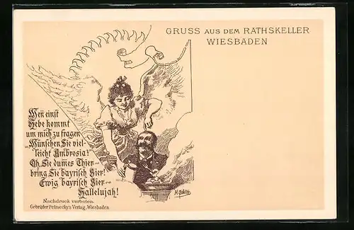 Künstler-AK Wiesbaden, im Rathskeller, Engel reicht dem Mann ein Bier