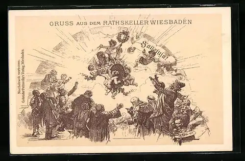 Künstler-AK Wiesbaden, im Rathskeller, Menschen preisen die Engel