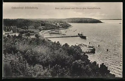 AK Glücksburg, Blick auf Strand und Föhrde vom Aussichtsturm aus