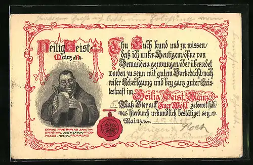 Künstler-AK Mainz a. Rhein, Heilig Geist, Mönch mit Bierkrug, Urkunde mit Siegel