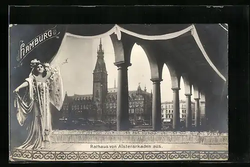 AK Hamburg, das Rathaus von den Alsterarkaden aus gesehen, Frau im leichten Kleid