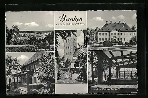 AK Brenken i. Westf., Gesamtansicht, Schloss Erpernburg, Veranda mit Stadtblick, die Pfarrkirche