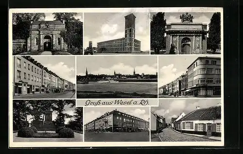 AK Wesel a. Rh., Ortspanorama, Denkmal, Strasse durch die Stadt, Rathaus
