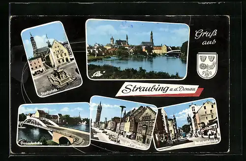 AK Straubing a. d. Donau, Ortspanorama, Stadtplatz, Donaubrücke, Bahnhofstrasse, Ludwigsplatz