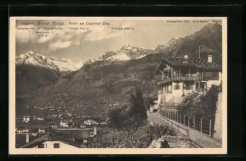 AK Meran, Partie am Tappeiner Weg, Blick zum Roteck, Gfallwand und Tschigas